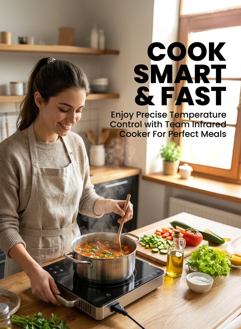 TEAM Infrared Cooker – 2000W Electric Hot Plate with Touch & Knob Control, LED Display, 10 Power Levels, Black Crystal Plate, Timer Setting – Portable Countertop Stove for Fast Cooking - Image 2